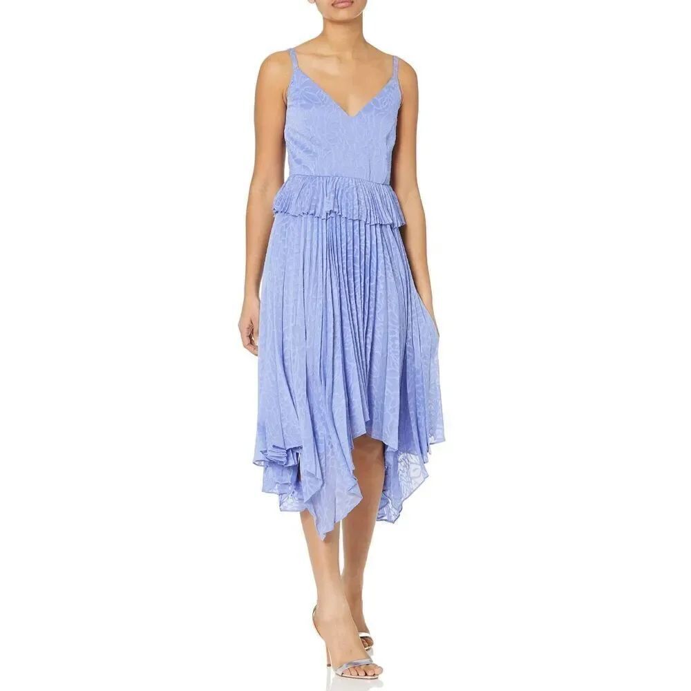 BCBGMAXAZRIA FIT AND FLARE PLEATED ASYMMETRIC MIDI DRESS